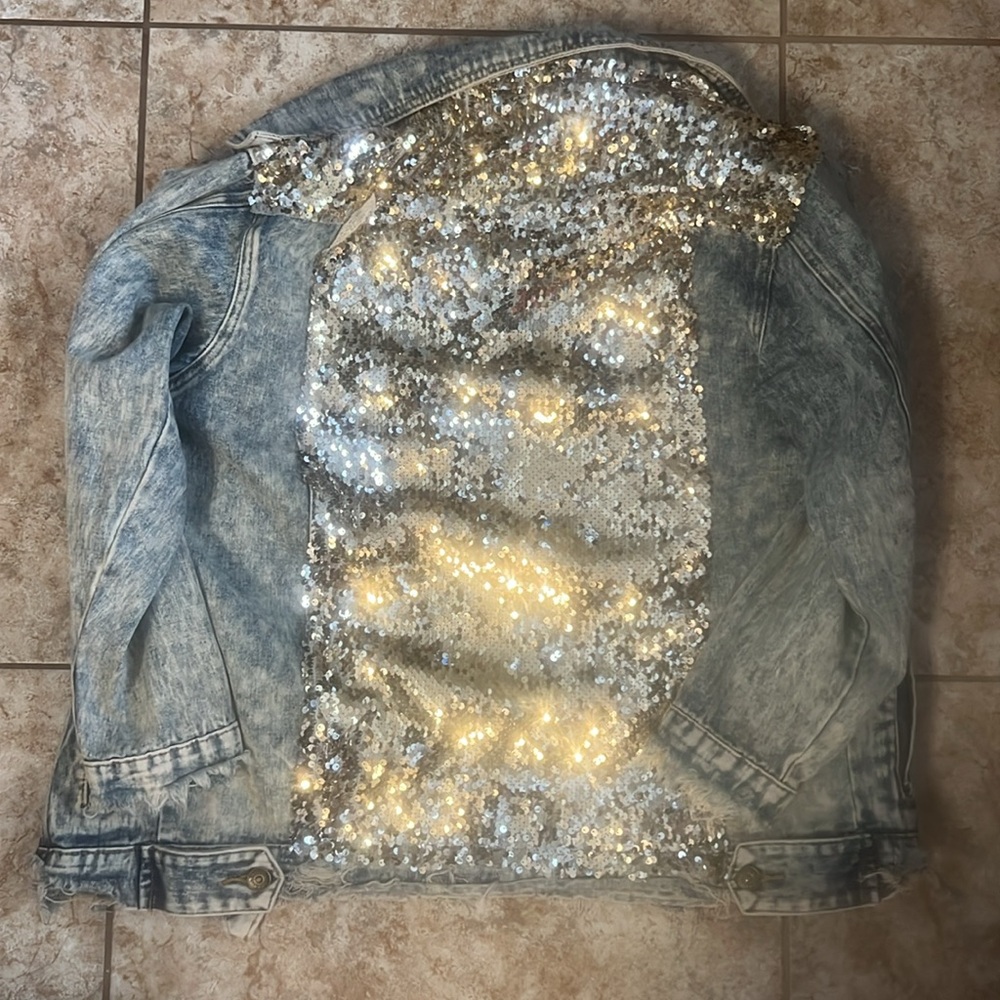Denim Sequin Distressed Jacket - image 4